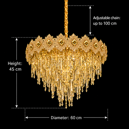 Candelabru Cristal FLEUR Magno 12xE14, Diametru 60cm, Inaltime 45cm, Auriu Lucios, Inaltime Reglabila, Design Elegant