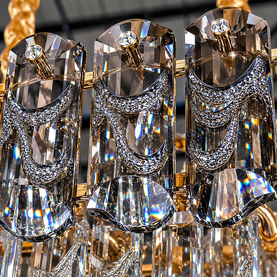 Candelabru Cristal AURUM Eleganza 9xE14, Diametru 50cm, Inaltime 35cm, Auriu Lucios, Inaltime Reglabila, Design Elegant