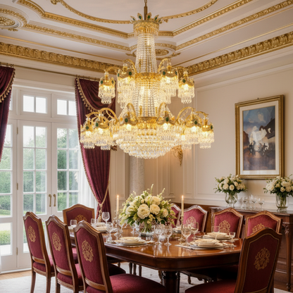 Candelabru Cristal , 31xE14, Diametru 115cm, Inaltime 130cm, Auriu Lucios, Inaltime Reglabila, Design Elegant Candelabre Cristal Default Title Alessandro Design