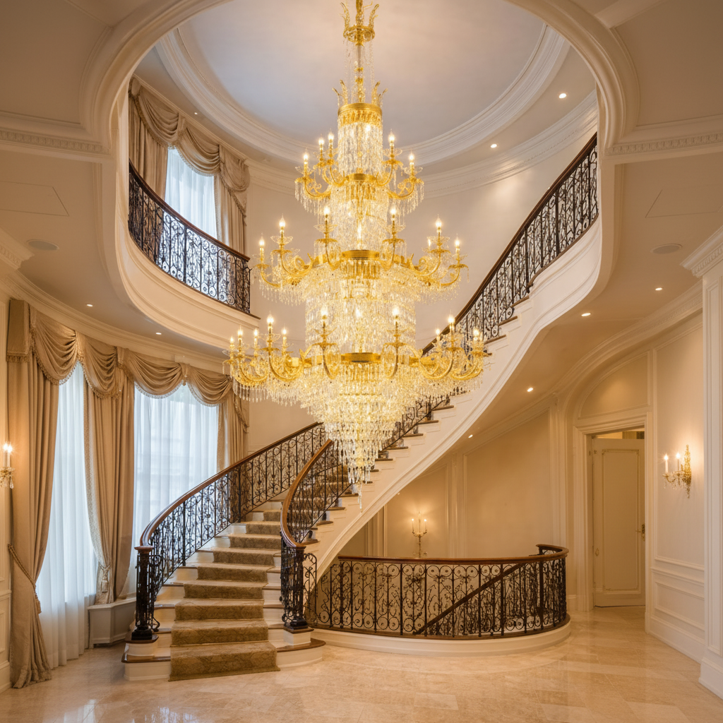Candelabru Cristal , 54xE14, Diametru 150cm, Inaltime 230cm, Auriu Lucios, Inaltime Reglabila, Design Elegant Candelabre Cristal Default Title Alessandro Design