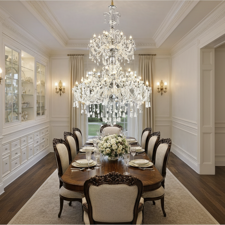 Candelabru Cristal , 55xE14, Diametru 145cm, Inaltime 230cm, Argintiu, Inaltime Reglabila, Design Elegant Candelabre Cristal Default Title Alessandro Design