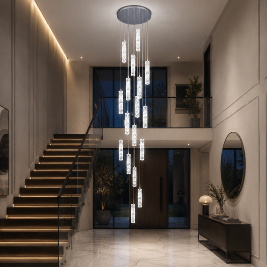 LED кристален полилей AMIRI 82W хром, топла/неутрална/студена светлина 3000K/4000K/6000K Amiri, диаметър 40cm x височина 300cm, кристал и метал