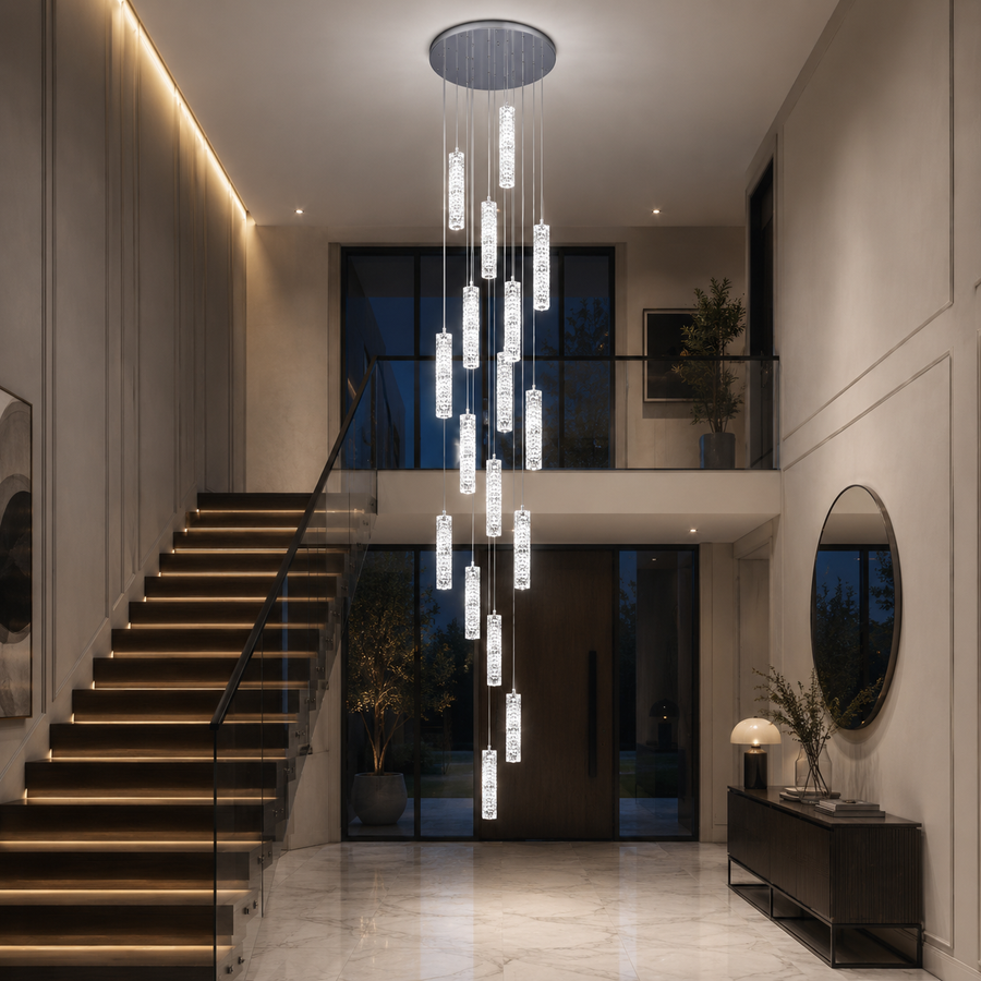 LED кристален полилей AMIRI 82W хром, топла/неутрална/студена светлина 3000K/4000K/6000K Amiri, диаметър 40cm x височина 300cm, кристал и метал