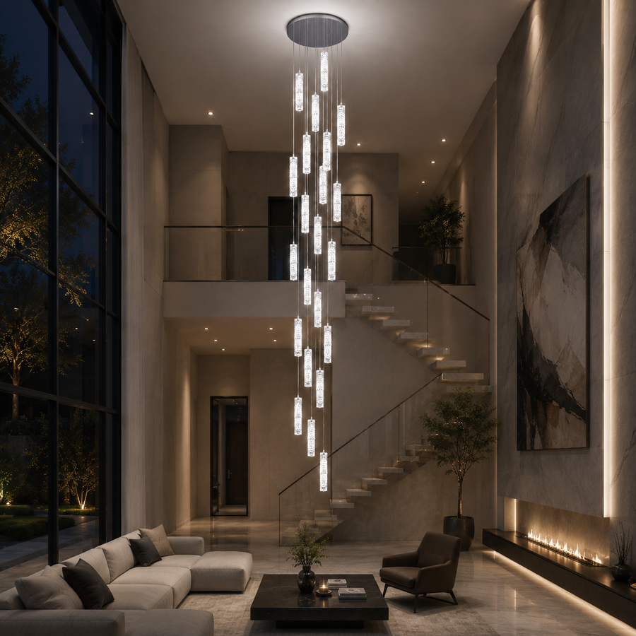 LED кристален полилей AMIRI 82W хром, топла/неутрална/студена светлина 3000K/4000K/6000K Amiri, диаметър 40cm x височина 300cm, кристал и метал