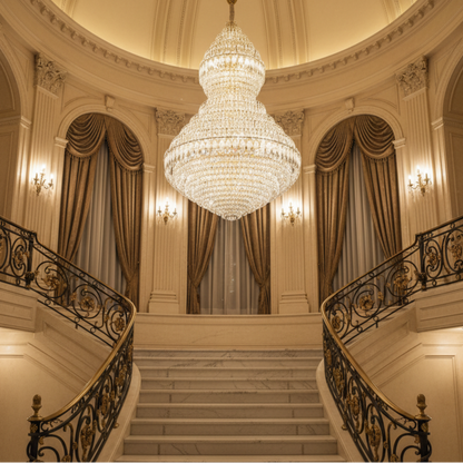 Candelabru Cristal VELVET Supremo, 69xE14, D150 cm, Auriu, Inaltime Reglabila, Metal si Cristal