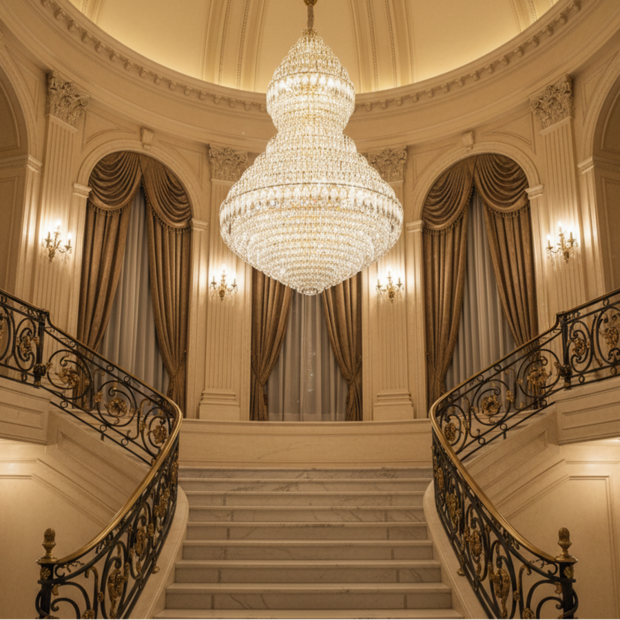 Candelabru Cristal VELVET Supremo, 69xE14, D150 cm, Auriu, Inaltime Reglabila, Metal si Cristal