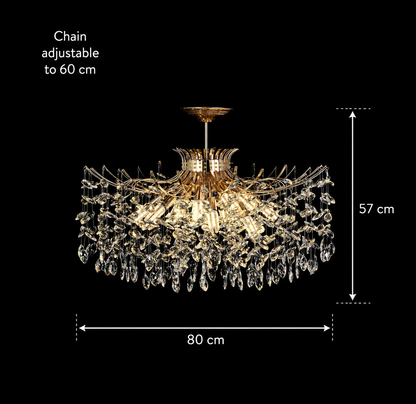 Candelabru Cristal PROWES Regalis, 14xE14, D80 cm, Auriu, Inaltime Reglabila, Metal si Cristal