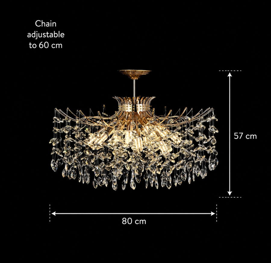 Candelabru Cristal PROWES Regalis, 14xE14, D80 cm, Auriu, Inaltime Reglabila, Metal si Cristal