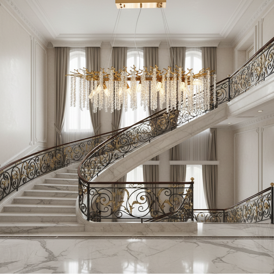 Candelabru Cristal ARBUS Regalis, 120x40cm, 12xE14, Auriu, Metal si Cristal