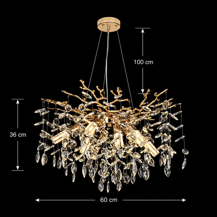 Candelabru Cristal LEAF Magno, Φ60cm, 8xE14, Auriu, Metal si Cristal