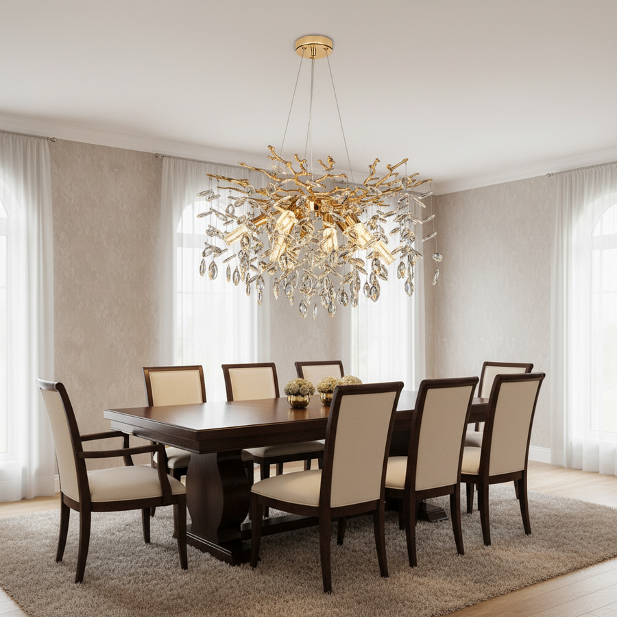Candelabru Cristal LEAF Magno, Φ60cm, 8xE14, Auriu, Metal si Cristal