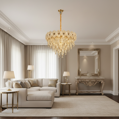Candelabru Cristal FLEUR Magno 12xE14, Diametru 60cm, Inaltime 45cm, Auriu Lucios, Inaltime Reglabila, Design Elegant