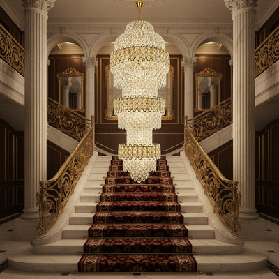 Candelabru Cristal TRIO Magno 49xE14, Diametru 65cm, Inaltime 200cm, Auriu Lucios, Inaltime Reglabila, Design Elegant