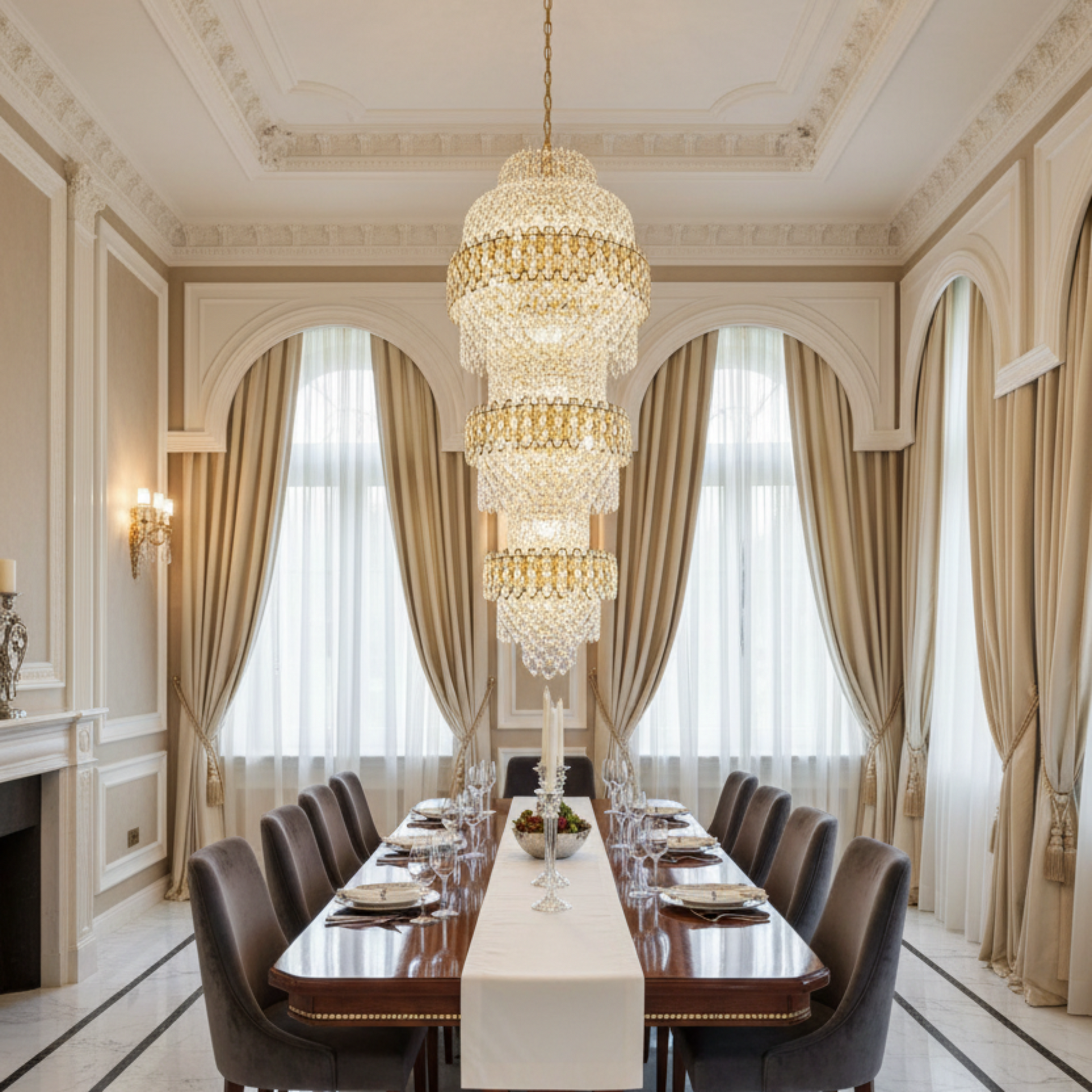 Candelabru Cristal TRIO Regalis 63xE14, Diametru 80cm, Inaltime 260cm, Auriu Lucios, Inaltime Reglabila, Design Elegant Candelabre Cristal Default Title Alessandro Design