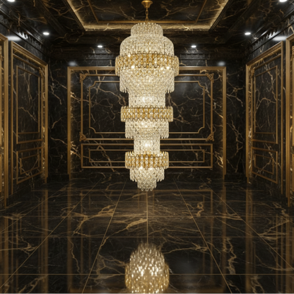 Candelabru Cristal TRIO Regalis 63xE14, Diametru 80cm, Inaltime 260cm, Auriu Lucios, Inaltime Reglabila, Design Elegant Candelabre Cristal Default Title Alessandro Design
