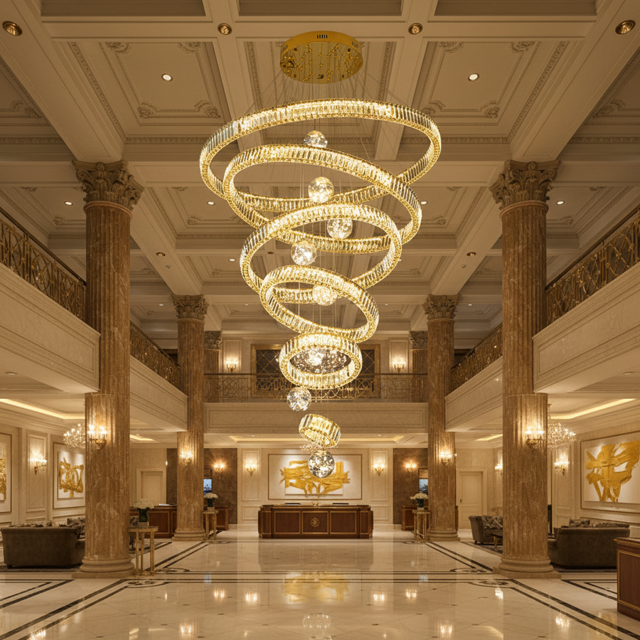 Candelabru Cristal cu Telecomanda KOLO Supremo, 120x350cm, Lumina Calda/Neutra/Rece, Auriu, Metal si Cristal