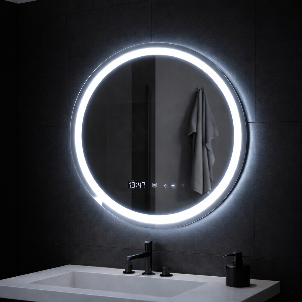 Кръгло LED огледало, 70 см, Celeste MotionGlow Marcello, система против мъгла, часовник и термометър, димируема, топла неутрална студена светлина 3000K/4000K/6000K Marcello Огледала Заглавие по подразбиране Alessandro Design