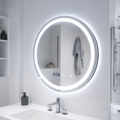 Кръгло LED огледало, 70 см, Celeste MotionGlow Marcello, система против мъгла, часовник и термометър, димируема, топла неутрална студена светлина 3000K/4000K/6000K Marcello Огледала Заглавие по подразбиране Alessandro Design
