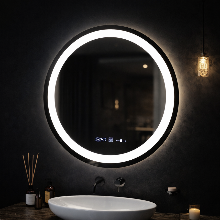 Кръгло LED огледало, диаметър 50 см, Celeste MotionGlow Marcello, система за обезпотяване, часовник и термометър, димиране, топла неутрална студена светлина 3000K/4000K/6000K Marcello огледала Заглавие по подразбиране Alessandro Design