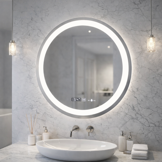 Кръгло LED огледало, диаметър 50 см, Celeste MotionGlow Marcello, система за обезпотяване, часовник и термометър, димиране, топла неутрална студена светлина 3000K/4000K/6000K Marcello огледала Заглавие по подразбиране Alessandro Design