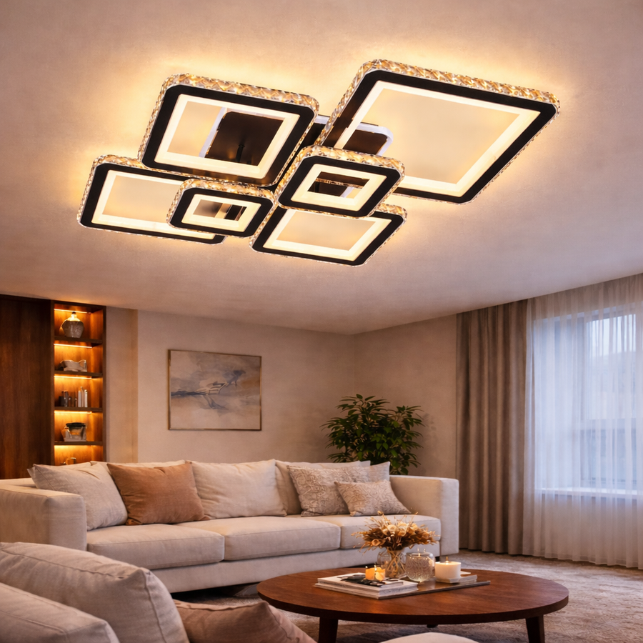 LED полилей с дистанционно управление и кристален QUADRIS RGB 177W, 6 квадрата, студена/топла/неутрална светлина 3000K/4000K/6000K, димируем, черен, метален и кристален LED полилей с дистанционно управление Заглавие по подразбиране Alessandro Design