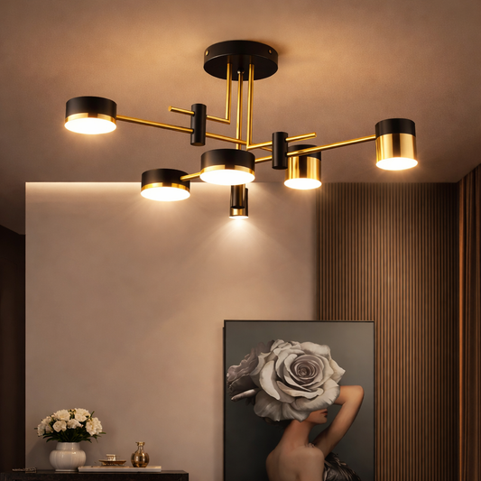 Lustra LED Moderna Ionitus 72W Negru si Auriu, Brate, Lumina Calda/Neutra/Rece 3000K/4000K/6000K, Metal si Acril Lustre LED cu Telecomanda Default Title Alessandro Design