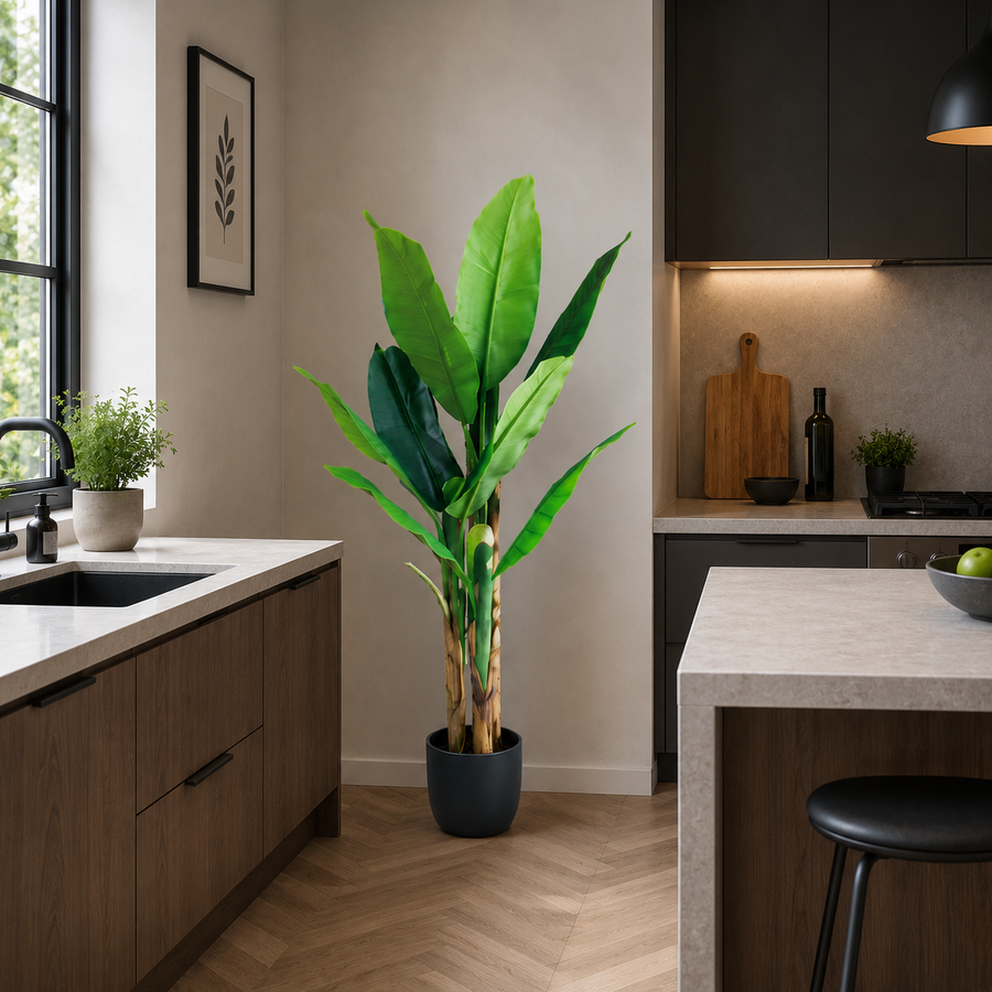 Planta Artificială Copac Tip Bananier, 140 cm, 3 tulpini, 11 frunze, Verde, cu Ghiveci