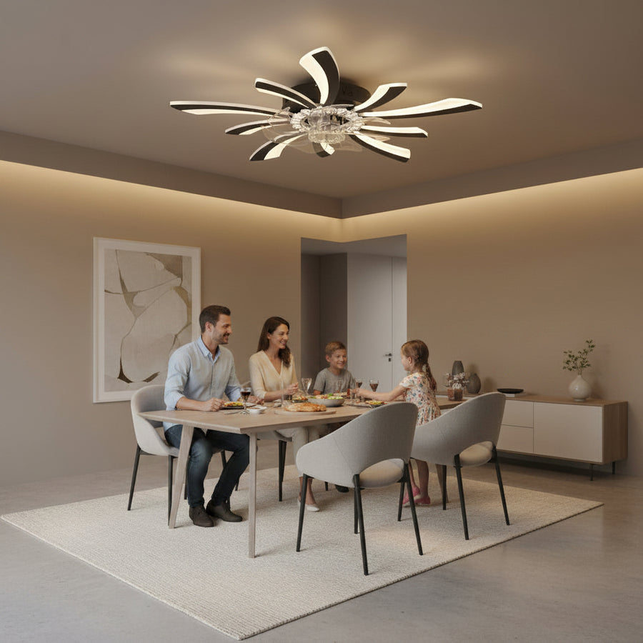 Lustra LED Ventilator VIRTULA cu Telecomanda, 29W, D77cm, Lumina Rece/Neutra/Calda, Metal si Plastic, Negru