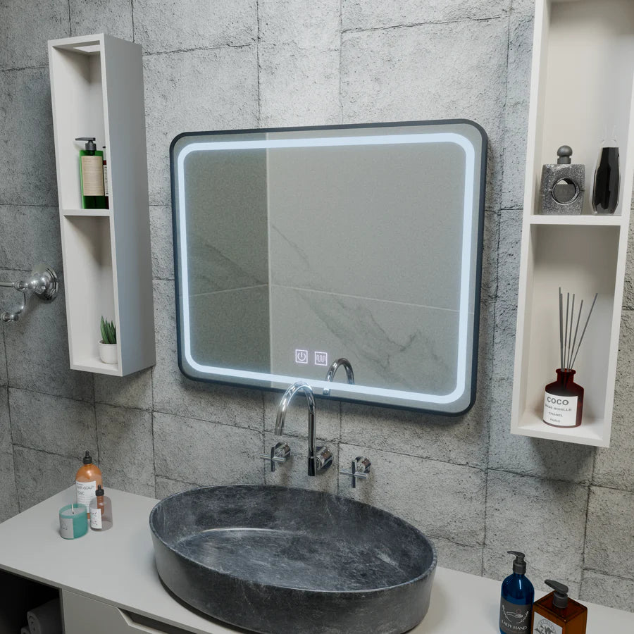 Правоъгълно LED огледало 90x75cm EDGE Touch Demister System, огледала с черна рамка Korman E Заглавие по подразбиране Alessandro Design