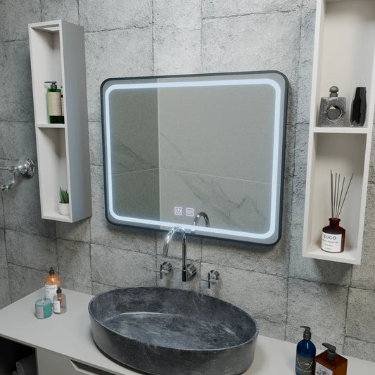 Правоъгълно LED огледало 90x75cm EDGE Touch Demister System, огледала с черна рамка Korman E Заглавие по подразбиране Alessandro Design