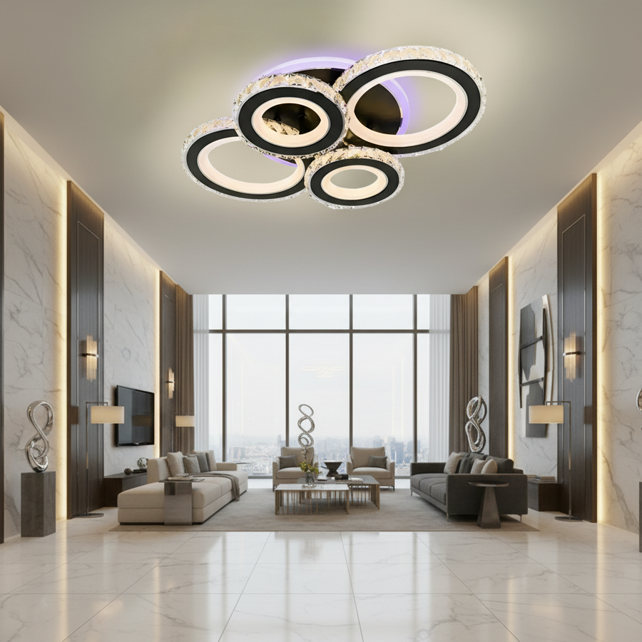 LED полилей с дистанционно управление и кристал NOVA ROTONDA RGB 82W, 4 кръга, студена/топла/неутрална светлина, димиране, черни LED полилеи с дистанционно управление Заглавие по подразбиране Alessandro Design