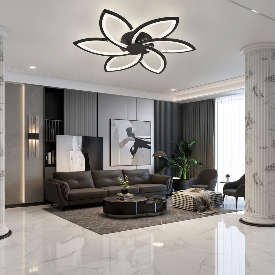 Lustra LED cu telecomanda si cristal FLORA  82W, 6 Petale, lumina Rece/Calda/Neutra, Dimabila, Negru