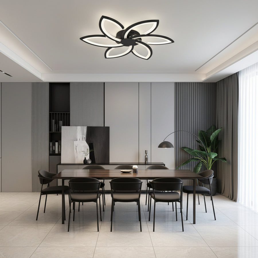 Lustra LED cu telecomanda si cristal FLORA  82W, 6 Petale, lumina Rece/Calda/Neutra, Dimabila, Negru