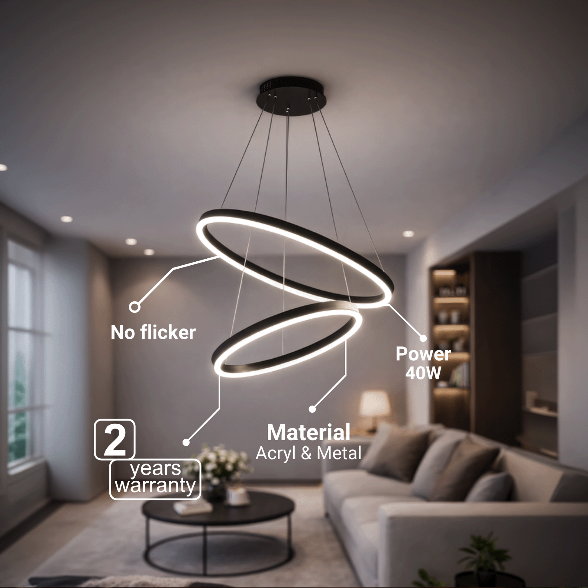 Окачен LED полилей с дистанционно управление CASIANA 40W, 2 кръга, студена/топла/неутрална светлина 3000K/4000K/6000K, димируем, черен, регулируема височина, метални и акрилни LED полилеи с дистанционно управление Заглавие по подразбиране Alessandro Design
