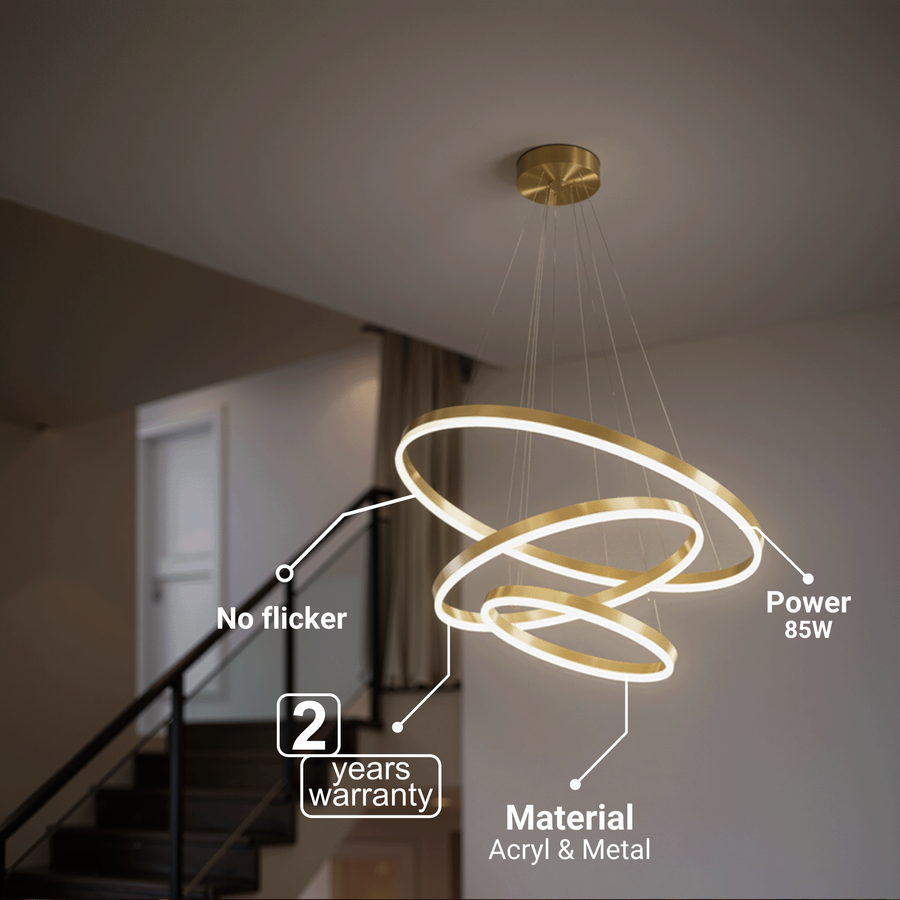 Окачен LED полилей с дистанционно управление ELIZABETH, 85W, 3 кръга, Студена/Топла/Неутрална светлина, Димируем, Блестящо злато, Регулируеми по височина LED полилеи с дистанционно управление Заглавие по подразбиране Alessandro Design