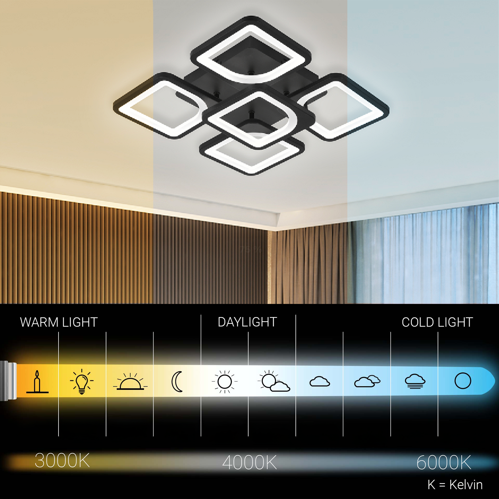 LED полилей с дистанционно управление ZOE 65W, 5 квадрата, студена/топла/неутрална светлина, димируем, черен LED полилей с дистанционно управление Default Title Alessandro Design