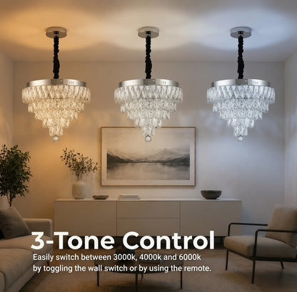 Lustra LED Cristal RIGO cu telecomanda Nobile Diametru 39cm, Crom Lucios, Inaltime Reglabila, Metal si Cristal