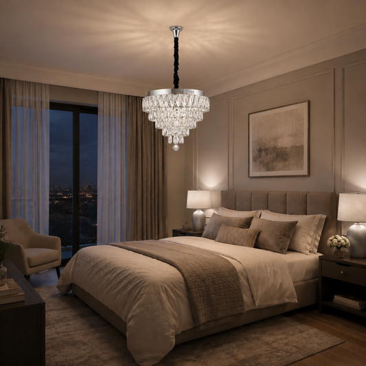 Lustra LED Cristal RIGO cu telecomanda Nobile Diametru 39cm, Crom Lucios, Inaltime Reglabila, Metal si Cristal