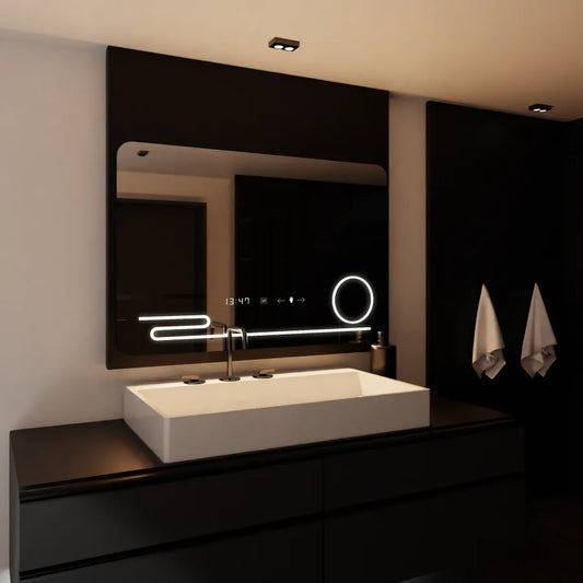 Правоъгълно LED огледало, 100x60 см, Harmonie MotionGlow Marcello, система за обезпотяване, часовник и термометър, козметична лупа, димируеми огледала Marcello Заглавие по подразбиране Alessandro Design