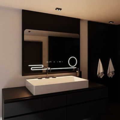Правоъгълно LED огледало, 120x80 см, Harmonie MotionGlow Marcello, система против запотяване, часовник и термометър, козметична лупа, димиране