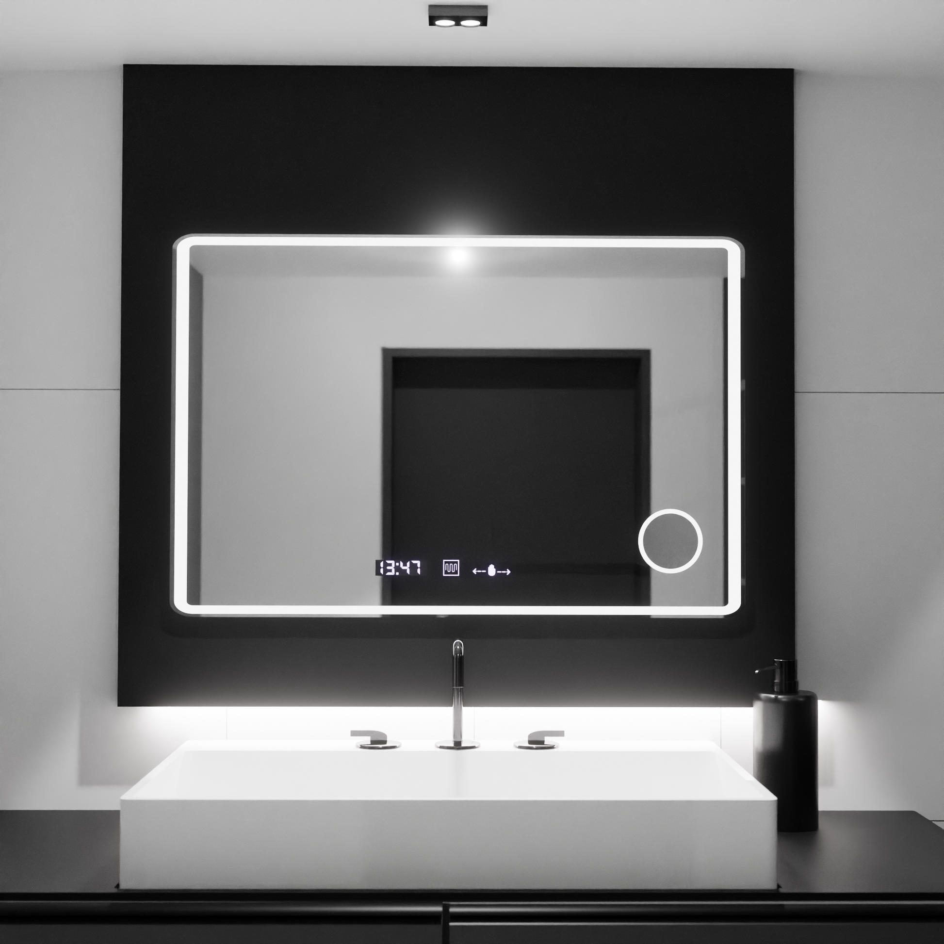Правоъгълно LED огледало 120x80 Aura Riflesso Puro MotionGlow Marcello, Система за обезпотяване, Термометър и часовник, Димируеми огледала Marcello Заглавие по подразбиране Alessandro Design