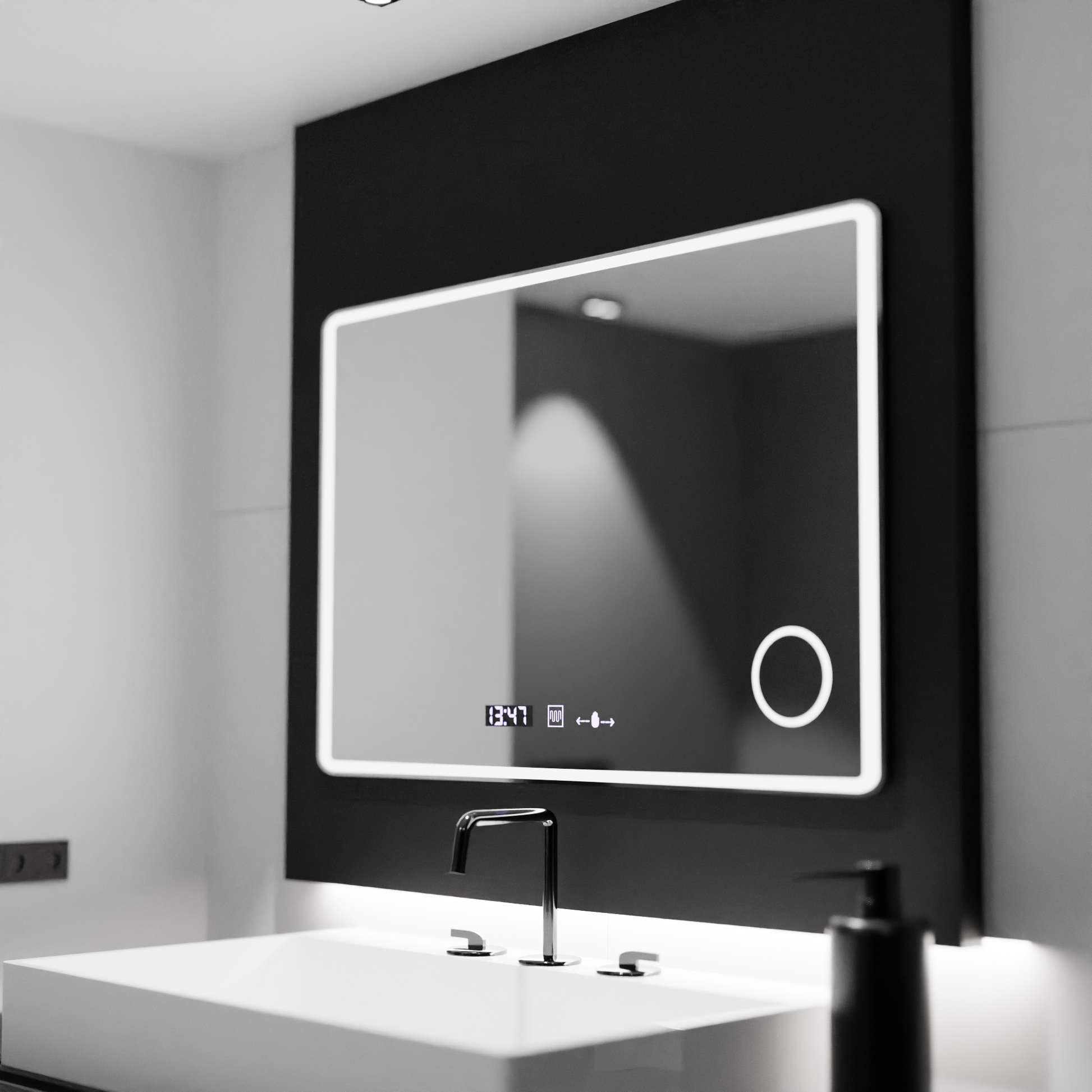 Правоъгълно LED огледало 120x80 Aura Riflesso Puro MotionGlow Marcello, Система за обезпотяване, Термометър и часовник, Димируеми огледала Marcello Заглавие по подразбиране Alessandro Design