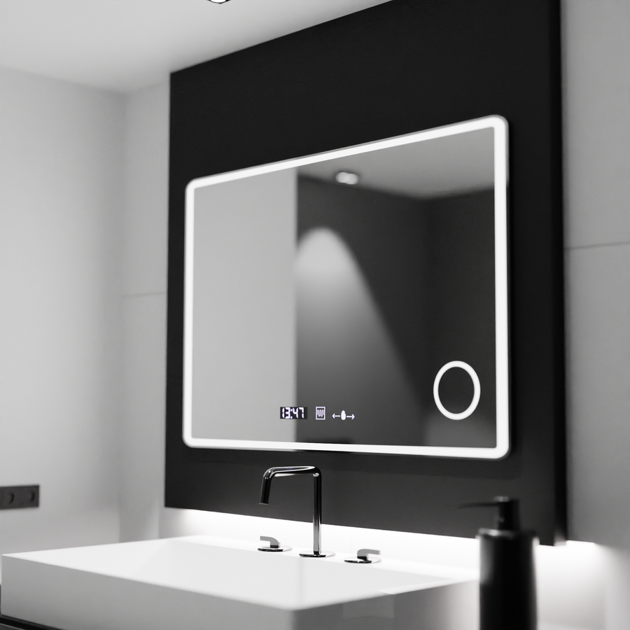 Правоъгълно LED огледало 120x80 Aura Riflesso Puro MotionGlow Marcello, Система за обезпотяване, Термометър и часовник, Димируеми огледала Marcello Заглавие по подразбиране Alessandro Design