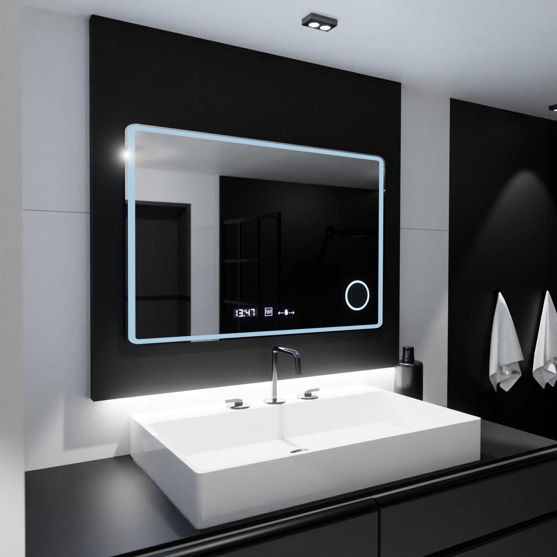 Правоъгълно LED огледало 120x80 Aura Riflesso Puro MotionGlow Marcello, Система за обезпотяване, Термометър и часовник, Димируеми огледала Marcello Заглавие по подразбиране Alessandro Design