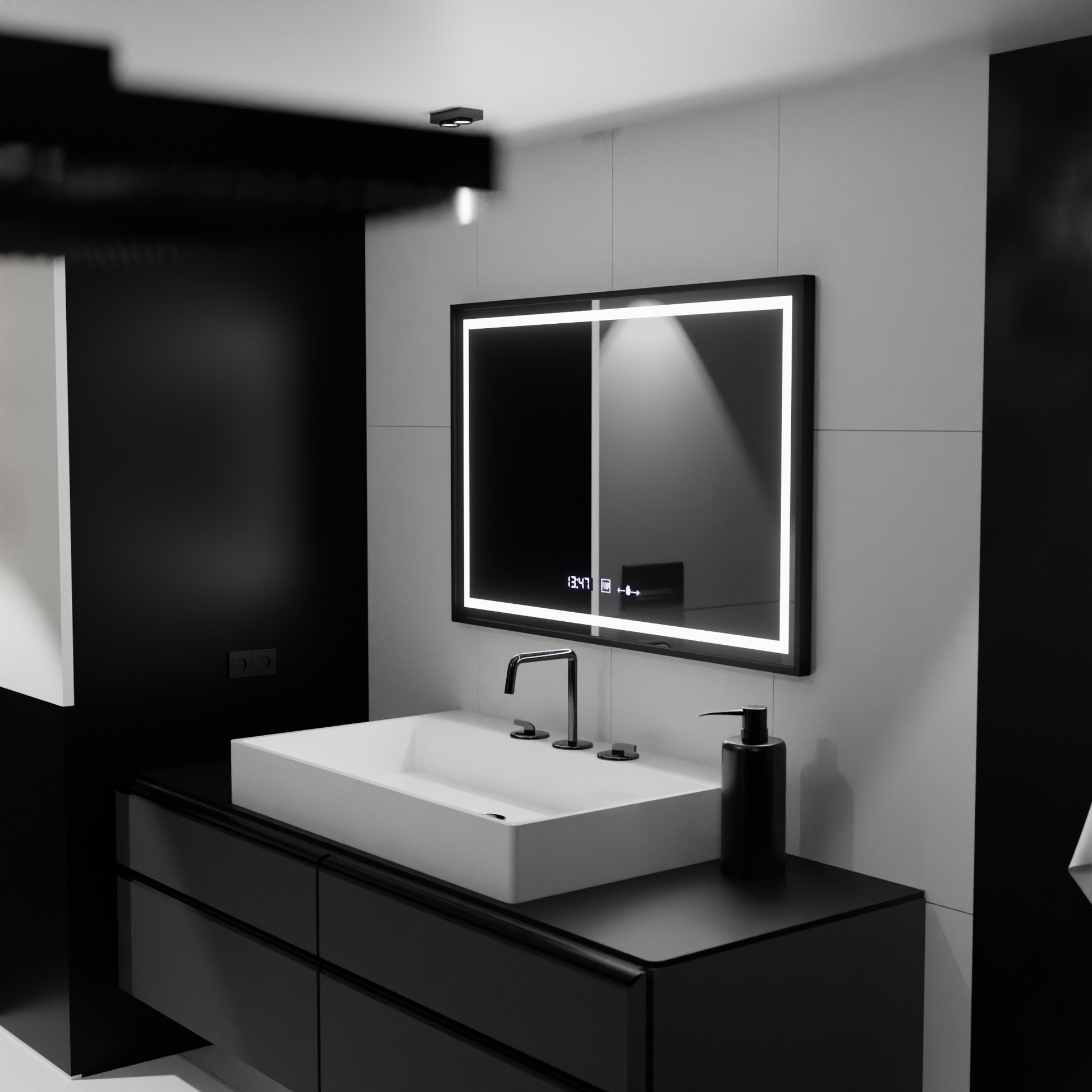 Правоъгълно LED огледало, 100x80 см, Verite Majeste Noir MotionGlow Marcello, система за обезпотяване, часовник и термометър, димируеми огледала Marcello Заглавие по подразбиране Alessandro Design