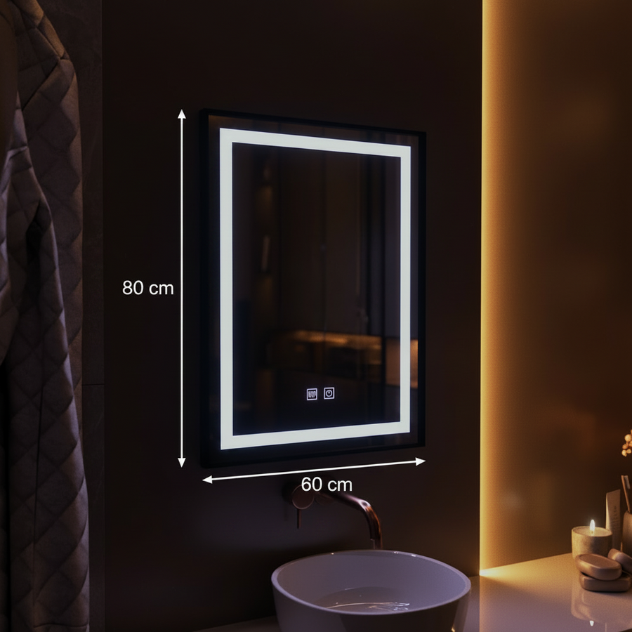 Правоъгълно LED огледало, 60x80 см, EDGE Touch, система против запотяване, черна рамка