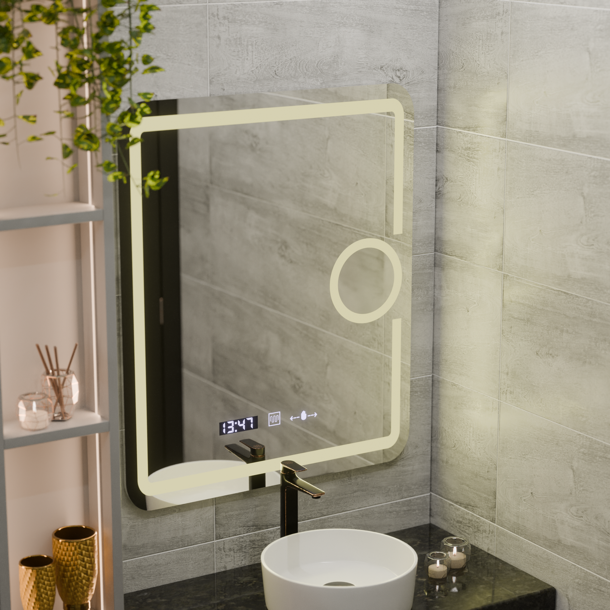 Правоъгълно LED огледало, 75x90 см, Eclat MotionGlow Marcello, система против запотяване, часовник и термометър, козметична лупа, димируеми огледала Marcello Заглавие по подразбиране Alessandro Design