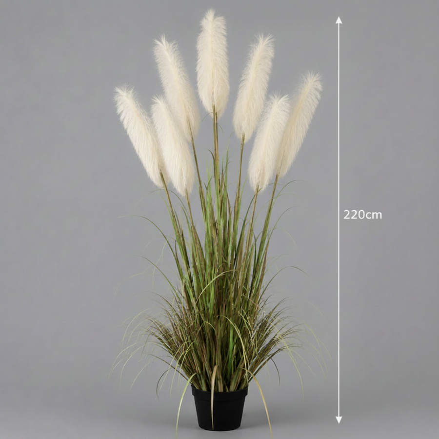 Planta Artificială Iarbă Ornamentală, 220cm, cu 7 fire, Stuf si Iarba, Verde si Alb, Fara Ghiveci