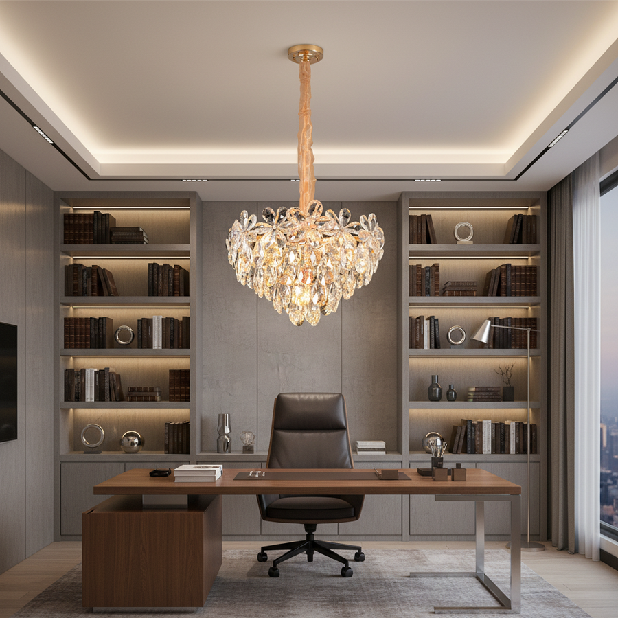 Кристален полилей, Elegance 7xE27, диаметър 40 см, блестящо злато, регулируема височина, метал и кристал