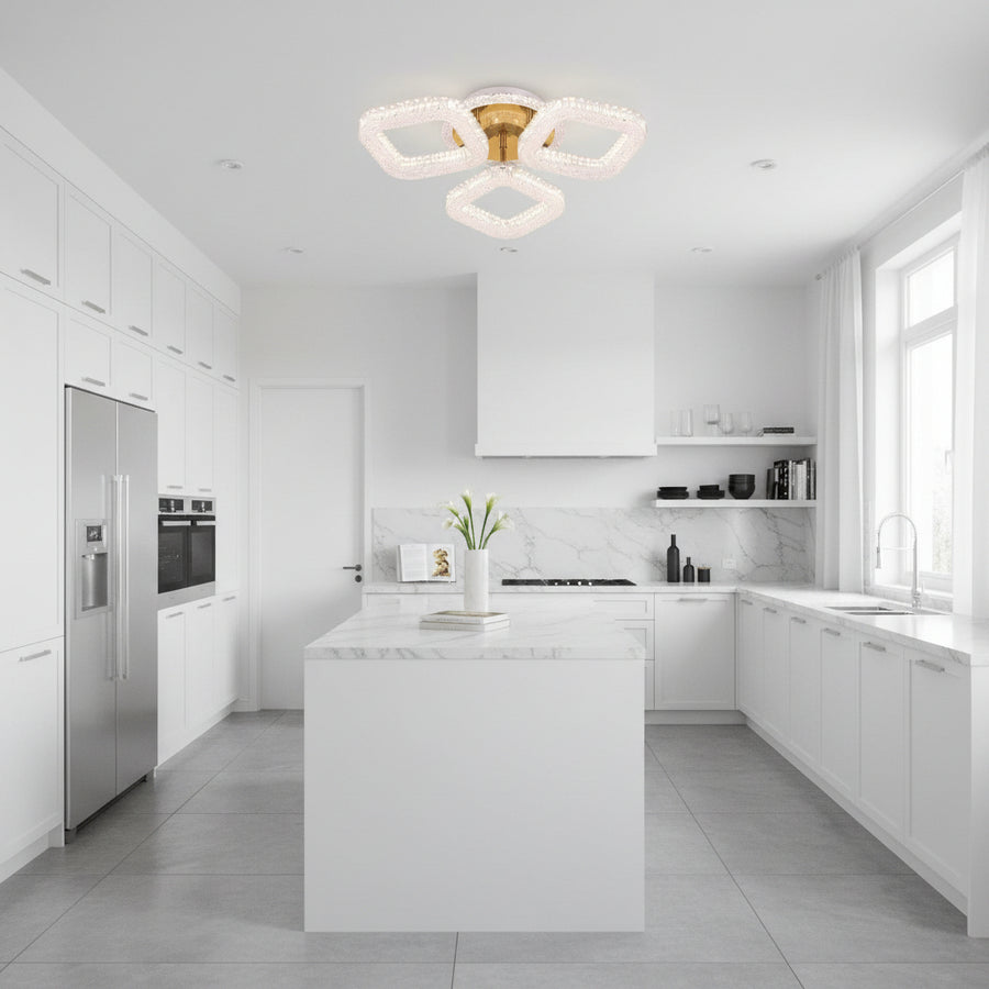 Lustra LED RENATO Nobile cu telecomanda si cristal,  39W, 3 Patrate, Lumina Rece/Calda/Neutra, Dimabila, Auriu
